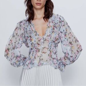 NWOT Zara Light Blue Floral Print Blouse with Ruffle Detail